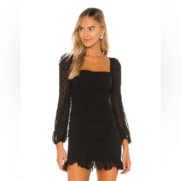 Lovers + Friends Arielle Black‎ Dot Mini Dress Small puff sleeves ruffle Swiss - Picture 1 of 7